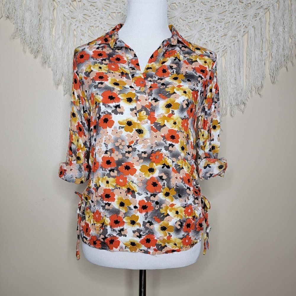 Ms Bella D Floral Long Sleeve Tie Hip Blouse Orange Gray Pink Size Small